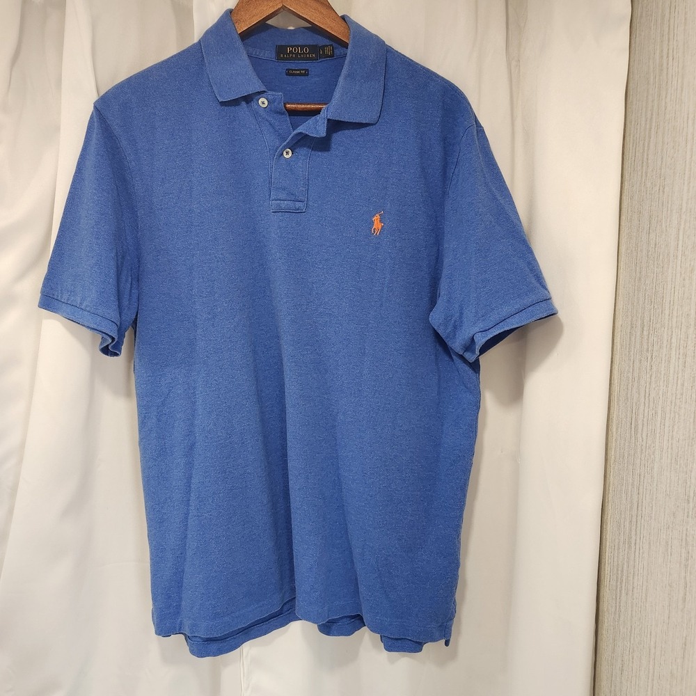 POLO RALPH LAUREN Mens L Classic Fit Blue‎ Short-Sleeve Polo Shirt Orange Pony